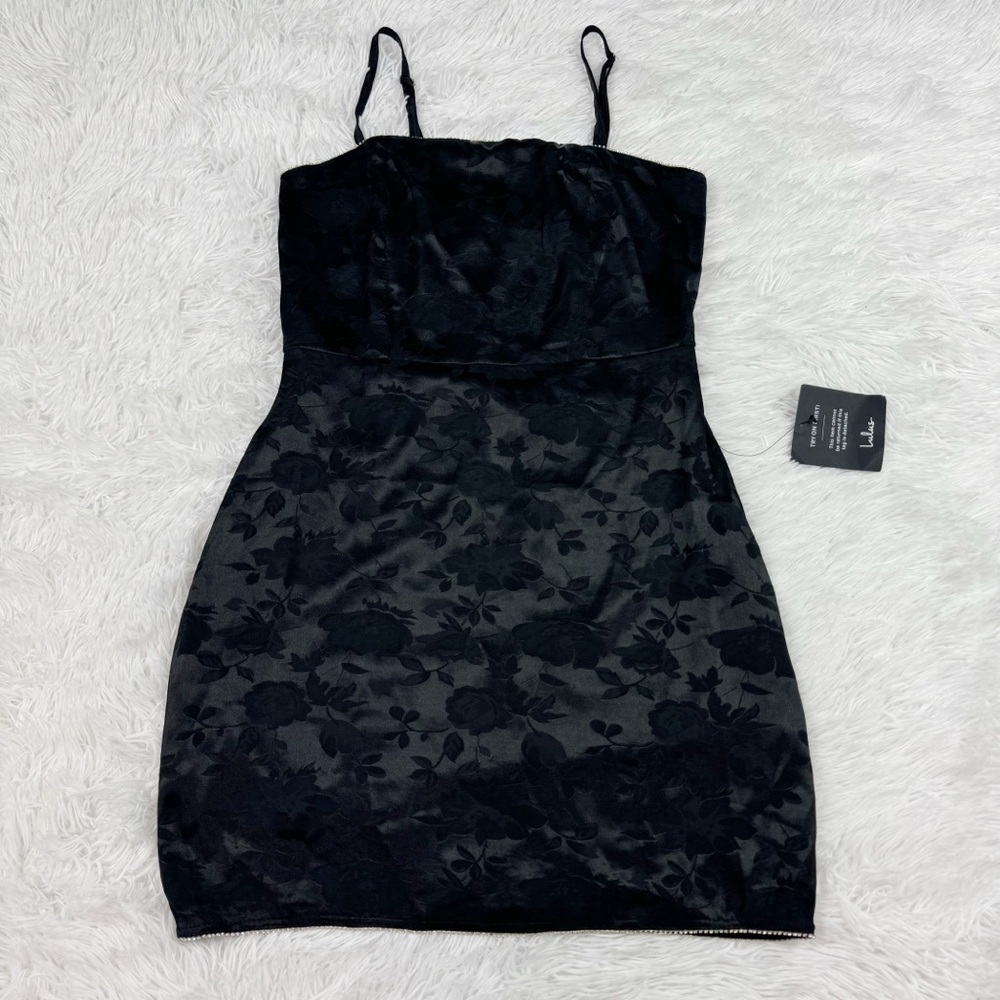 Lulus spaghetti strap‎ embellished jacquard mini dress in black